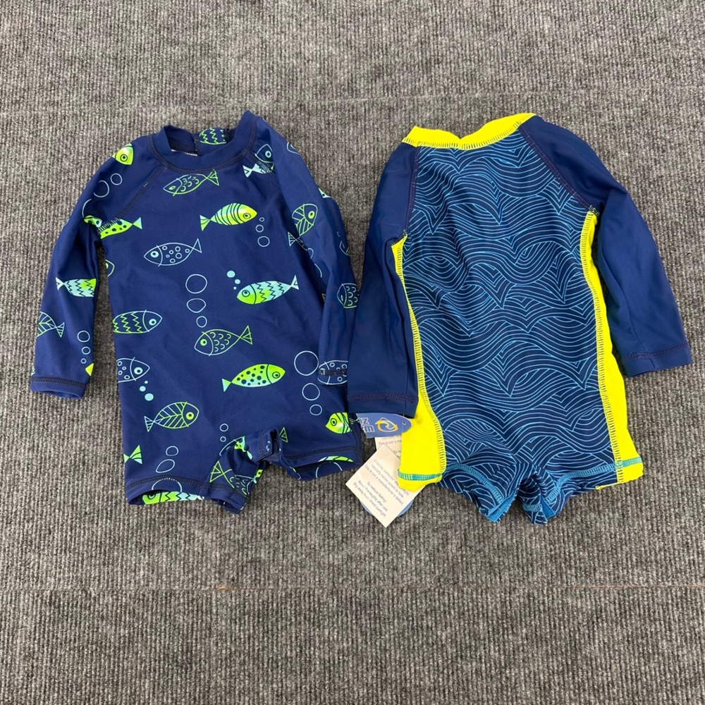Wave Zone Rashguard Swimsuit set of 2 Baby 3-6M Fish Wave Print Blue Yellow New